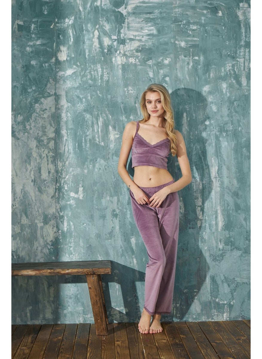 Bie's Women's Crop French Velvet Dressing Gown with Lace Detail Bralet Pajama Set 3 Piece Set  - Image 3