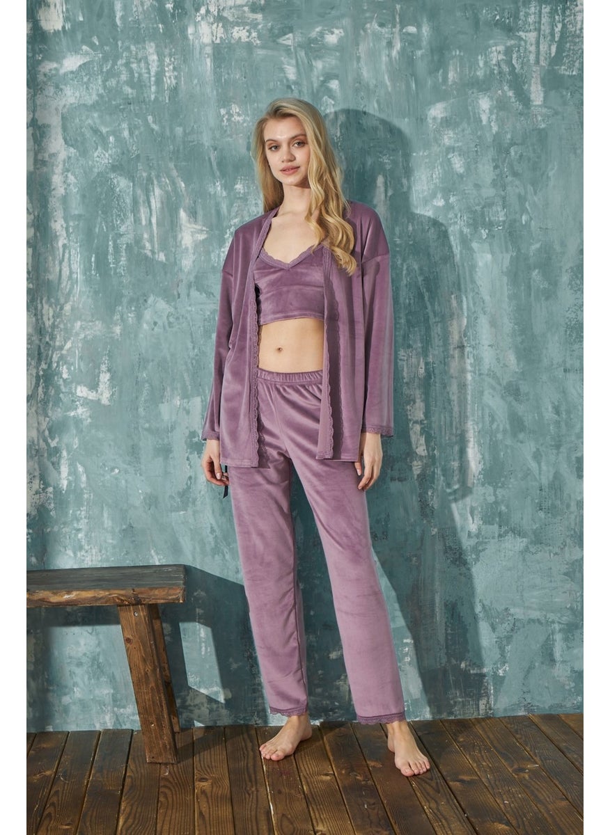 Bie's Women's Crop French Velvet Dressing Gown with Lace Detail Bralet Pajama Set 3 Piece Set  - Image 1