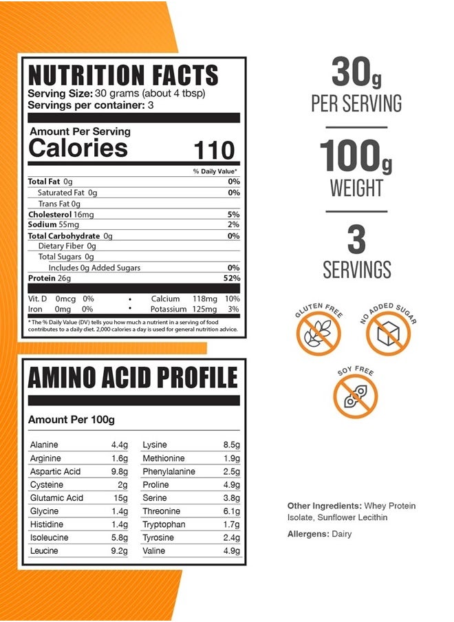 BULKSUPPLEMENTS.COM Whey Protein Isolate Powder - Unflavored Protein Powder, Whey Isolate Protein Powder - Whey Protein Powder, Gluten Free, 30g per Serving, 100g (3.5 oz) (Pack of 1)  - Image 2