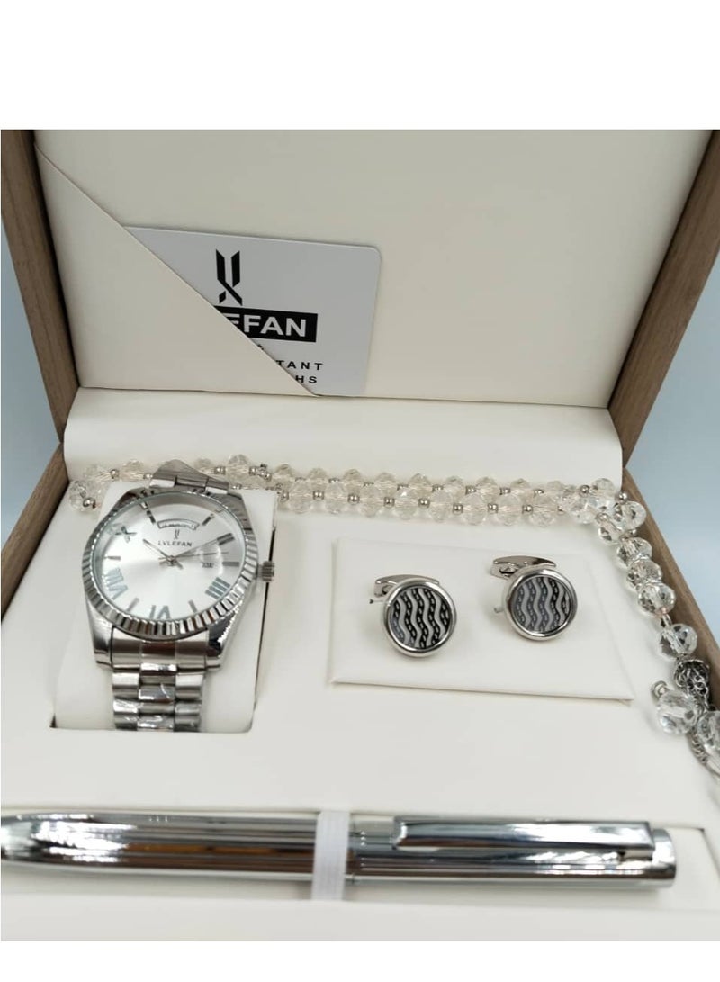 LV LEFAN High quality and elegant men's watch gift set, silver bracelet with silver dial with date display