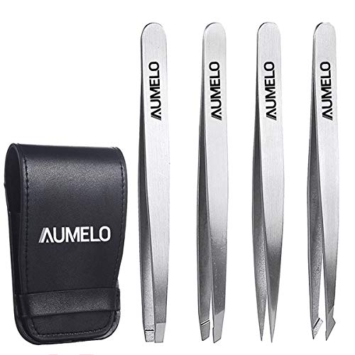 AUMELO Tweezers Set 4-Piece Professional Stainless Steel Tweezers Gift with Travel Case by Aumelo - Best Precision Eyebrow and Splinter Ingrown Hair Removal Tweezer Tip,No Colored & Chemical Free - Image 1