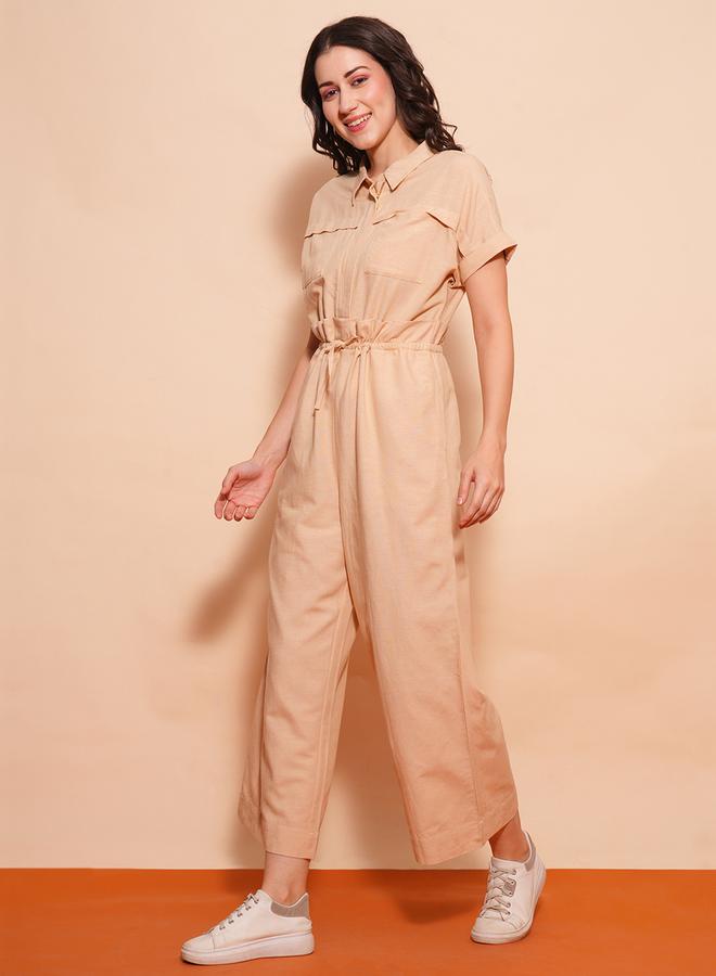 globus Solid Spread Collar Waist Tie-Up Cargo Pockets Wide Leg Jumpsuit by Styli  - Image 2