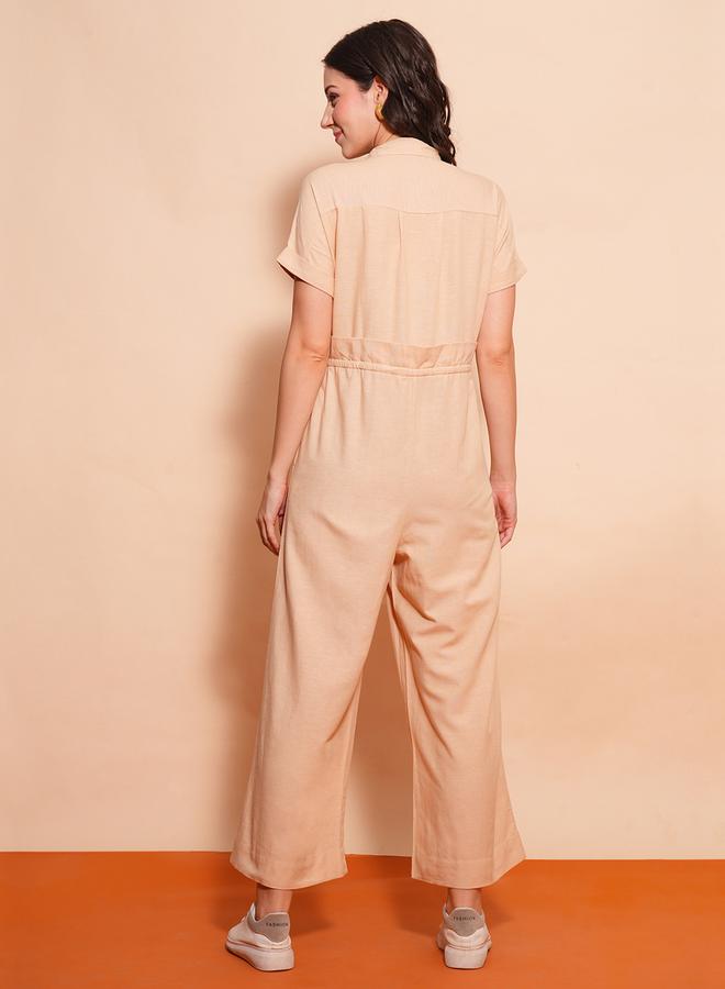 globus Solid Spread Collar Waist Tie-Up Cargo Pockets Wide Leg Jumpsuit by Styli  - Image 3