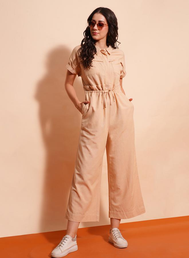 globus Solid Spread Collar Waist Tie-Up Cargo Pockets Wide Leg Jumpsuit by Styli  - Image 1