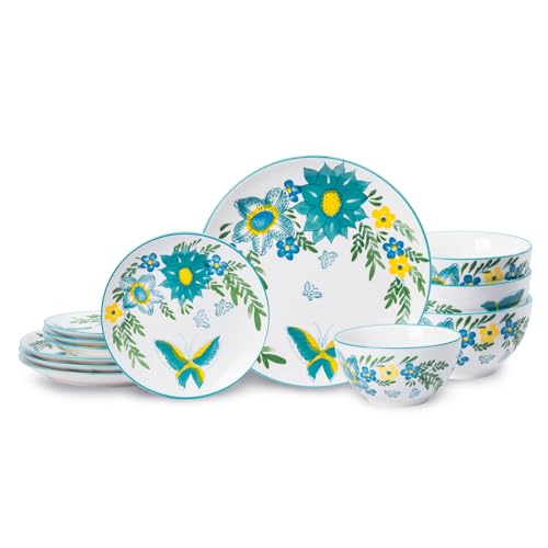 HomePop Ceramic 12-Pieces Dinnerware Sets,Dish Plates and Bowls Sets - Blue Turquoise - Image 1