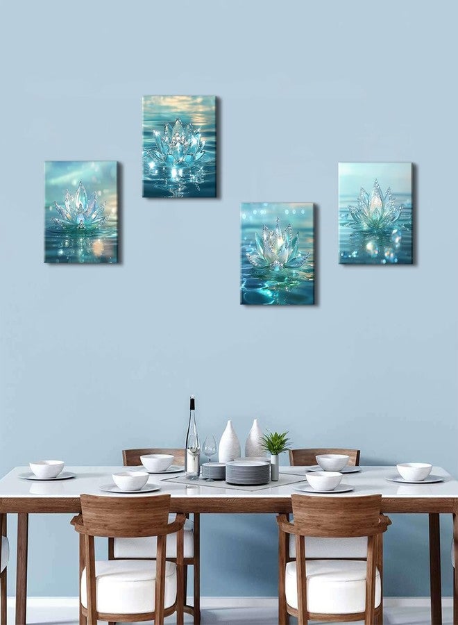 AREBOLO Lotus Flower Wall Art Teal Bathroom Wall Decor Zen Picture for Walls Canvas Prints Paintings Spiritual Meditation Wall Decor Turquoise Water Flowers Poster Yoga Room Artwork Decorations 12x12" 4Pcs - Image 3