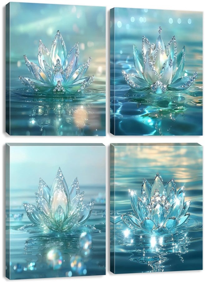 AREBOLO Lotus Flower Wall Art Teal Bathroom Wall Decor Zen Picture for Walls Canvas Prints Paintings Spiritual Meditation Wall Decor Turquoise Water Flowers Poster Yoga Room Artwork Decorations 12x12" 4Pcs - Image 1