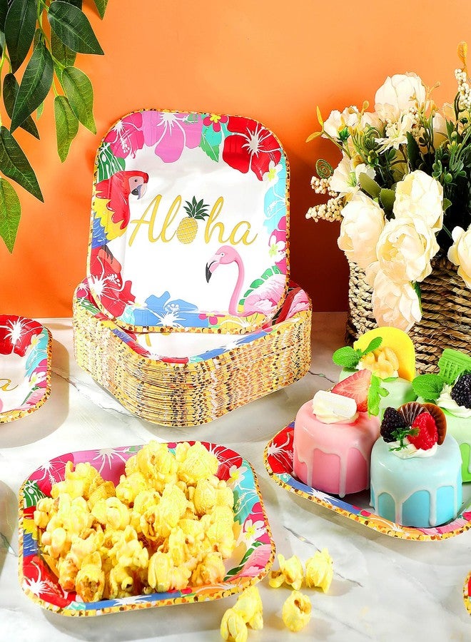 Mimorou 100 Pcs Hawaiian Luau Dessert Plates 7 Inch Square Beach Tropical Disposable Paper Plates Floral Luau Party Supplies for Summer Beach Holiday Dinner Party Decorations(Aloha) - Image 2