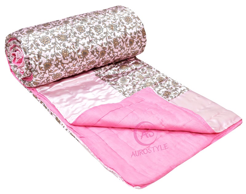 AUROSTYLE Rajasthani Cotton Filled Light Weight Silk Soft Jaipuri AC Quilt/Razai Dohar Over All Floral Print Design with Gold Print Quilts Blankets for Home (85x55 Inch,Light Pink Jaal Print, Single Bed) - Image 3