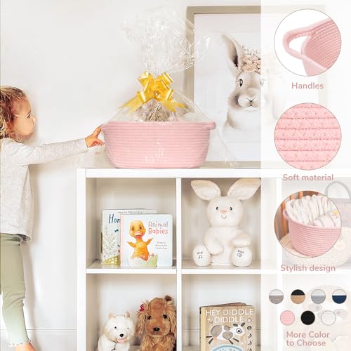 Goodpick Small Woven Basket for Gifting Small Storage bins for Toys Baby Gift Baskets for Nursery Pink Rope Basket for Gifts Decorative Baskets with Handles 12 x 8 x 5 - Image 3