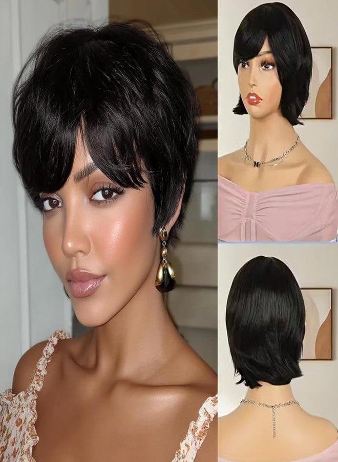 Feelgrace Pixie Wigs Human Hair for Black Women Natural Black Short Wigs for Women Glueless Short Black Layered Pixie Cut Wig Human Hair with Bangs - Image 4