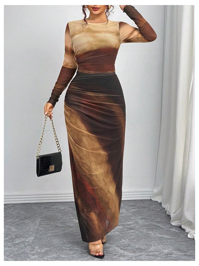 BEAUDRM Women's Fall Wedding Guest Dress Long Sleeve Cocktail Date Night Sexy Y2K Bodycon Ruched Mesh Formal Maxi Dresses Ginger XX-Large - Image 3