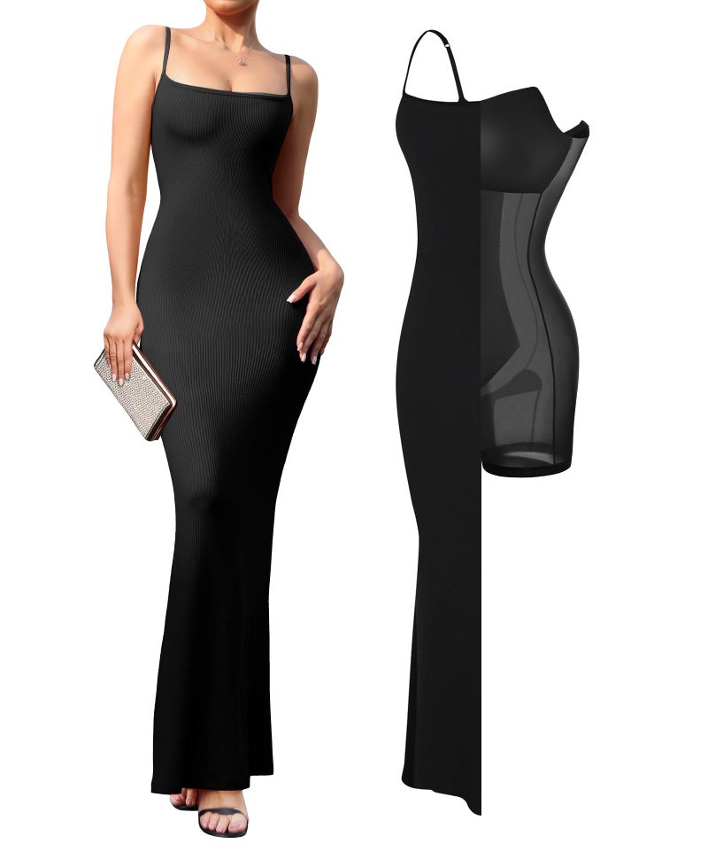 Popilush Maxi Dress Black Summer Bodycon Ribbed Backless Dress Cocktail Spaghetti Strap Shapewear Dresses Party Long Going Out - Image 1