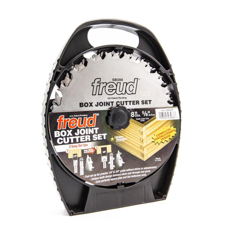 Freud 8" Box Joint Cutter Set with Tico Hi-Density Carbide for Perfect Square Joints - Includes 2 Blades, 1/4" & 3/8" Groove Widths, 5/8" Arbor, Anti-Kickback Design - SBOX8 - Image 1