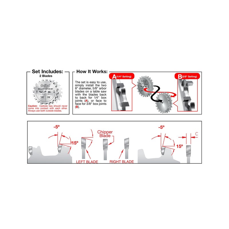 Freud 8" Box Joint Cutter Set with Tico Hi-Density Carbide for Perfect Square Joints - Includes 2 Blades, 1/4" & 3/8" Groove Widths, 5/8" Arbor, Anti-Kickback Design - SBOX8 - Image 3