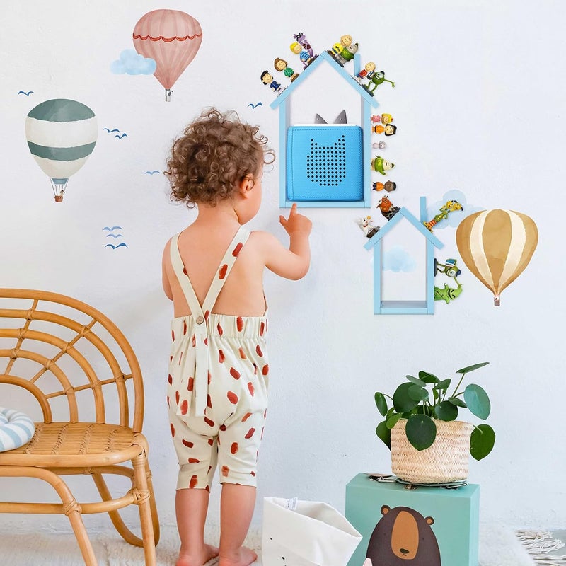 Exttlliy for Tonies Shelf Magnetic - for Tonies Figure Organizer Kids Room, Wooden Display Shelf for Tonies Box Holder, Wall Floating Shelves Toy Storage, House Shape Set of 2 with 38Pcs Adhesive Metal (Blue) - Image 2
