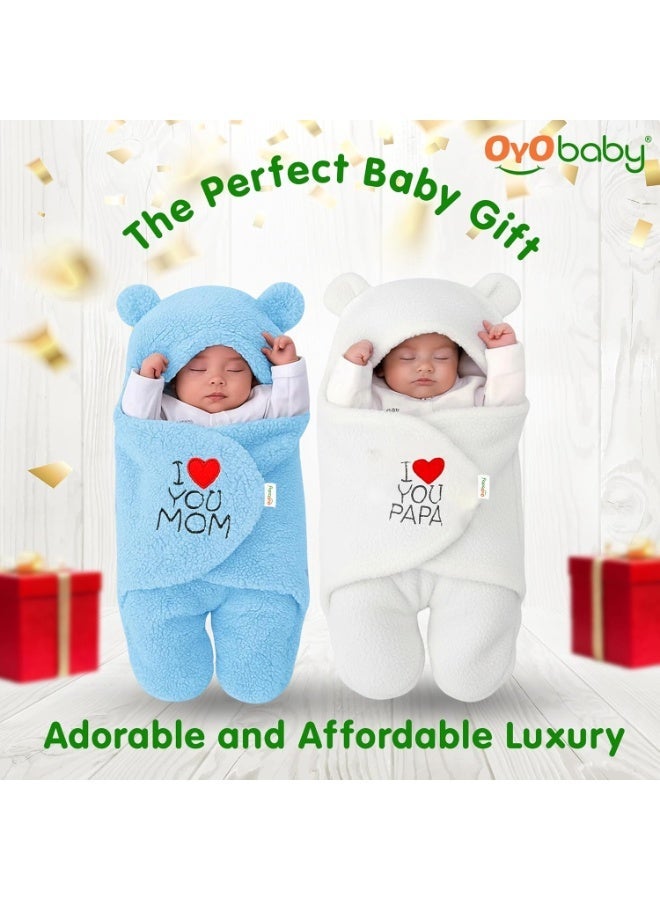 OYO BABY Newborn Combo Hooded Baby Blanket with
  Embroidery – Wearable Wrapper Sleeping Bag (0-6 Months, Blue & White, I
  Love MOM & PAPA) - Image 3