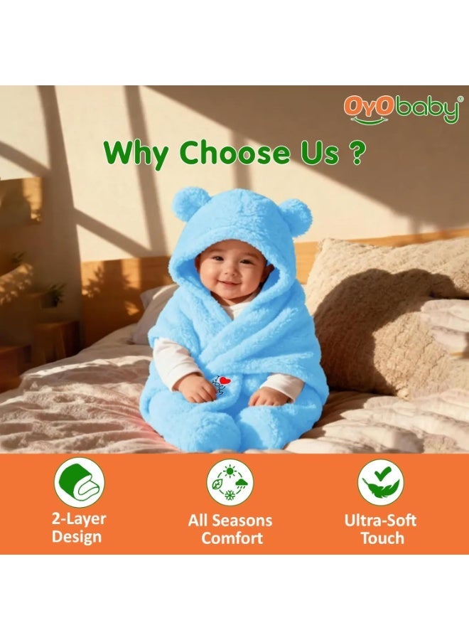 OYO BABY Newborn Combo Hooded Baby Blanket with
  Embroidery – Wearable Wrapper Sleeping Bag (0-6 Months, Blue & White, I
  Love MOM & PAPA) - Image 2