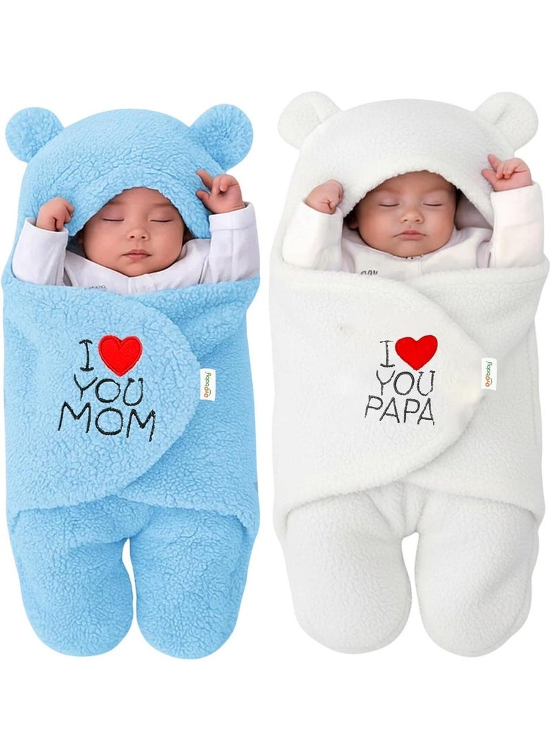 OYO BABY Newborn Combo Hooded Baby Blanket with
  Embroidery – Wearable Wrapper Sleeping Bag (0-6 Months, Blue & White, I
  Love MOM & PAPA) - Image 1