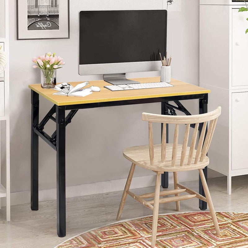 DEXO 80×40cm Folding Adjustable Height Table – Multi-Functional Standing Desk with No-Install Design, Portable Table for Camping, Garden, Picnic, BBQ & Home Office (Yellow Top, Black Frame) - Image 2