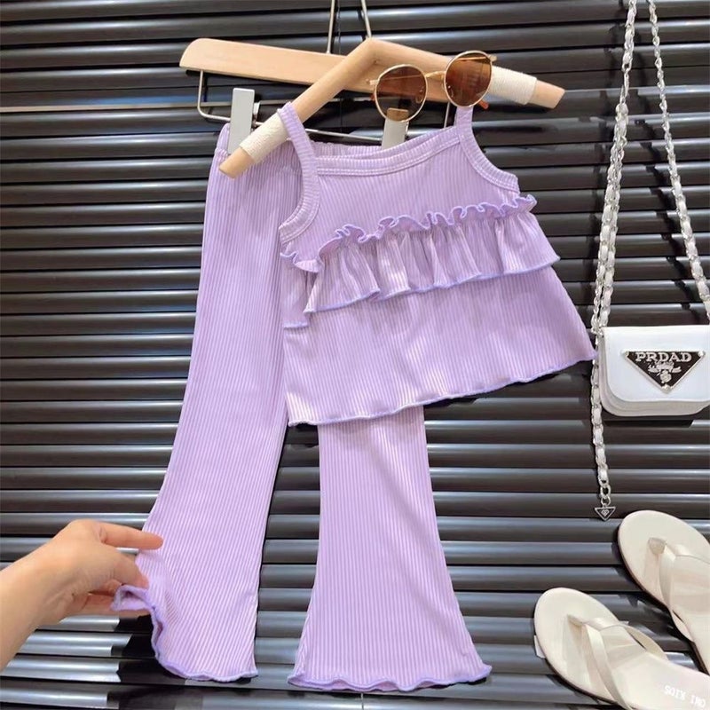 Girls Summer New Arrival Strap suit Thin Girls Ice Silk Strap Skirt Horn Pants Two-Piece Set Stylish Purple [suit] 136#