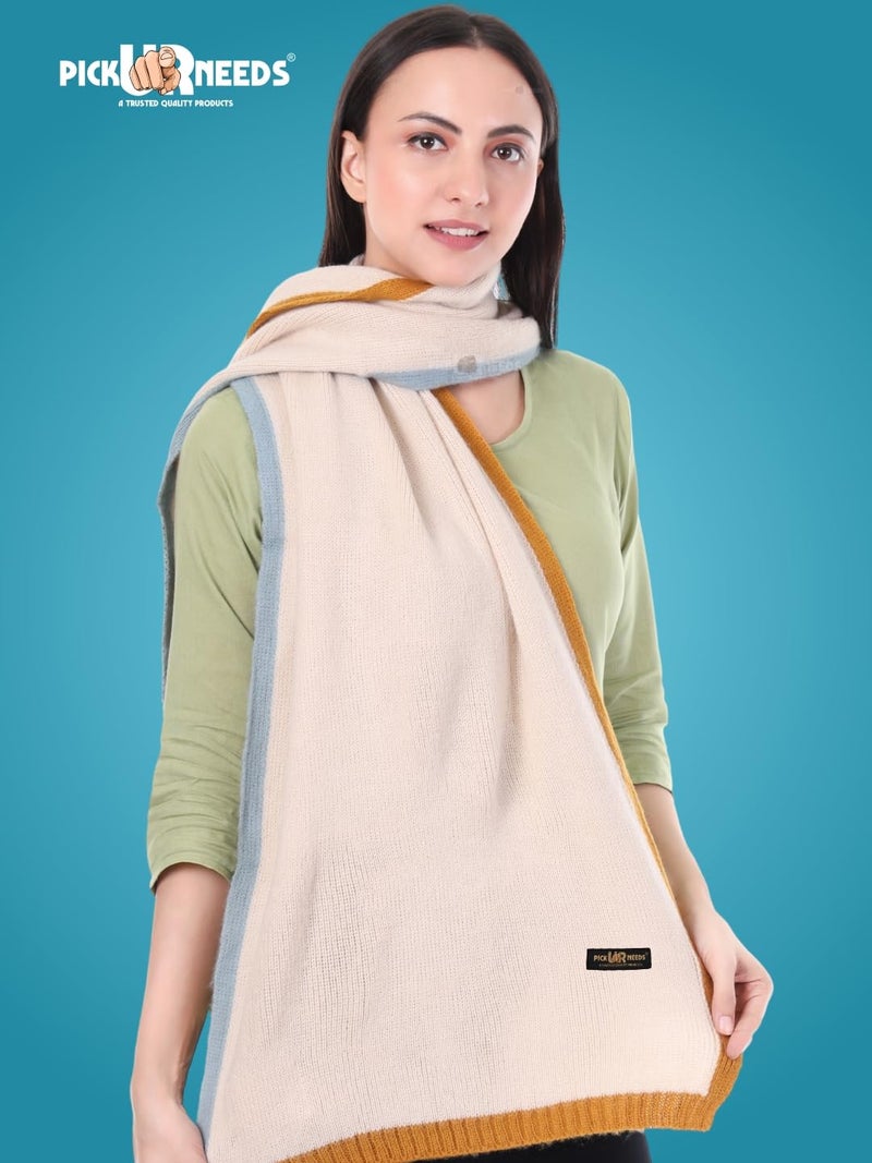 Pick Ur Needs Women's Knit Shawl Wrap with Border | Soft, Warm & Lightweight Winter Stole | Elegant Tan Bordered Scarf for Girls (Cream) - Image 2