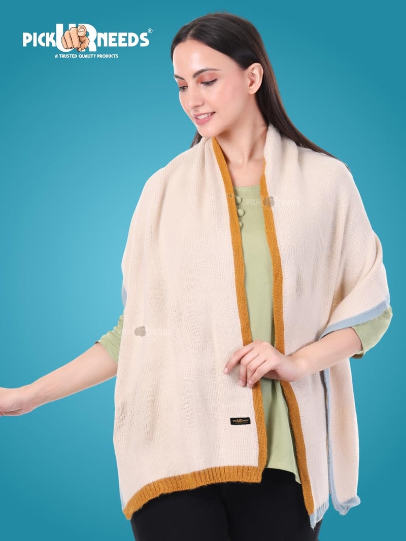 Pick Ur Needs Women's Knit Shawl Wrap with Border | Soft, Warm & Lightweight Winter Stole | Elegant Tan Bordered Scarf for Girls (Cream) - Image 3