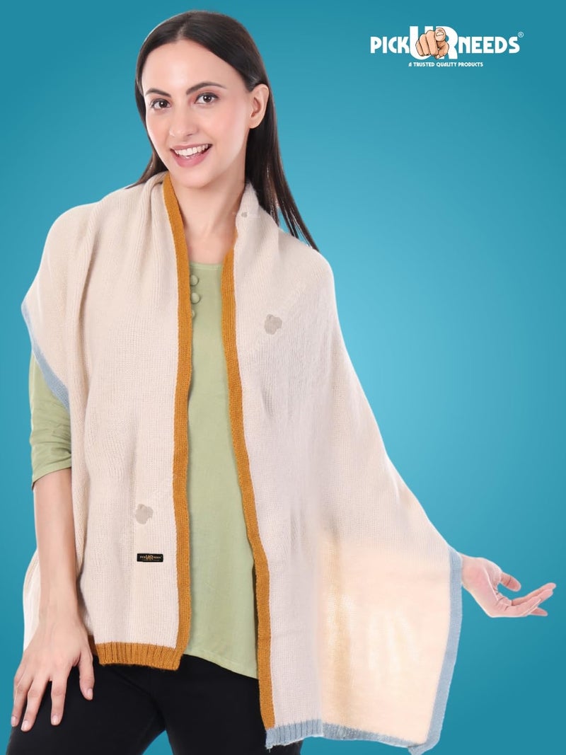 Pick Ur Needs Women's Knit Shawl Wrap with Border | Soft, Warm & Lightweight Winter Stole | Elegant Tan Bordered Scarf for Girls (Cream) - Image 5