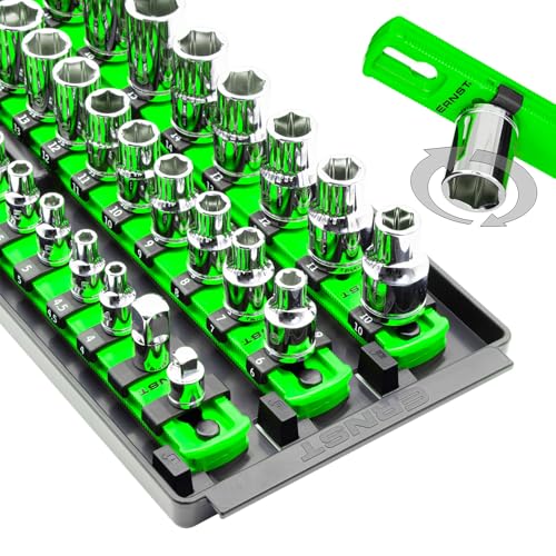Ernst Manufacturing 8481 Socket Boss 3Rail MultiDrive Socket Holder Tray for Toolbox TwistLock Secures Sockets Green Clips for SAE Metric Socket Sets Made in USA - Image 1