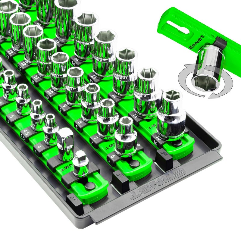 Ernst Manufacturing 8481 Socket Boss 3Rail MultiDrive Socket Holder Tray for Toolbox TwistLock Secures Sockets Green Clips for SAE Metric Socket Sets Made in USA - Image 2