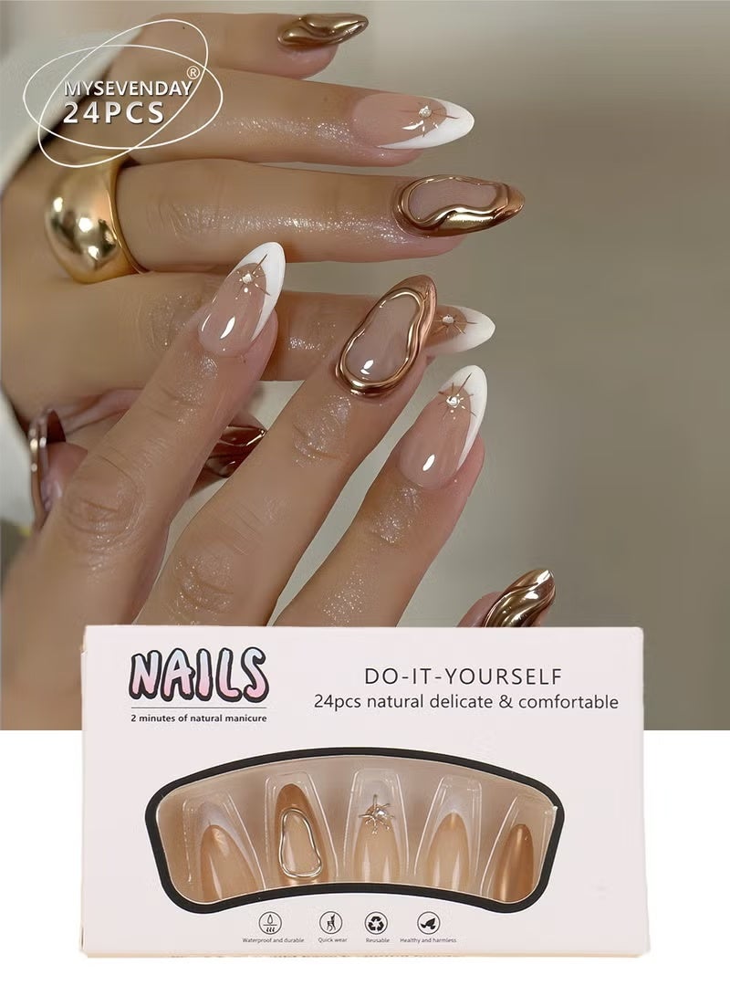 Gecomo 24Pcs French-Style False Nail Set - Elegant Gold & White Tips, Acrylic Fake Nails Perfect for Daily Wear & Events - Image 2