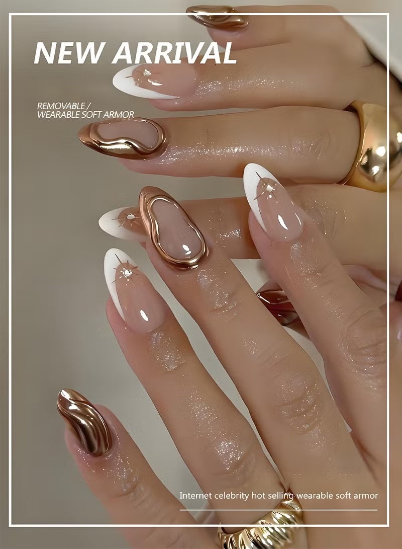 Gecomo 24Pcs French-Style False Nail Set - Elegant Gold & White Tips, Acrylic Fake Nails Perfect for Daily Wear & Events - Image 1