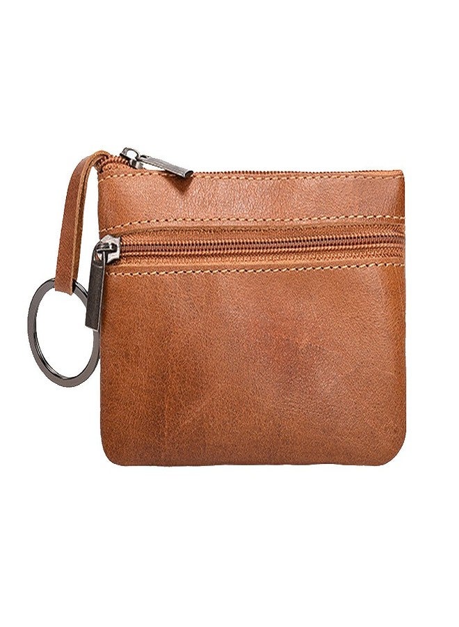 Hibate (Y_brown) - Women's Mini Coin Purse Wallet Genuine Leather Zipper Pouch with Key Ring - Brown - Image 1