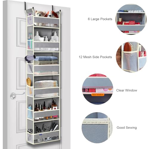 roomtalk Over The Door Organizer 6-Shelves and 12 Side Pockets, Over The Door Storage for Bathroom Bedroom Nursery, Hanging Door Organizers for Baby Diapers and Kids Toys (13"x5"x54", Grey) - Image 3