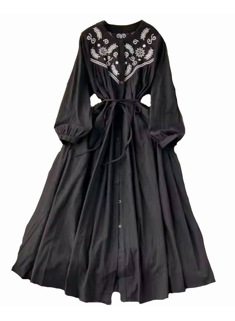 SOLOBUY Cotton Dress With Contrast Embroidery, Buttons, Belt And Pockets, Length Midi, sleeves Long - Image 1