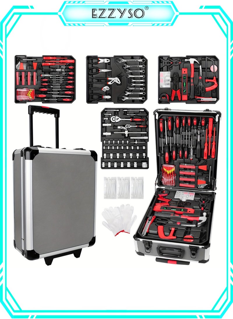 EzzySo 187-Piece Professional Tool Set, Home Hand Tool Set, Auto Repair Tool Set with Aluminum Trolley Case, Silver  - Image 1