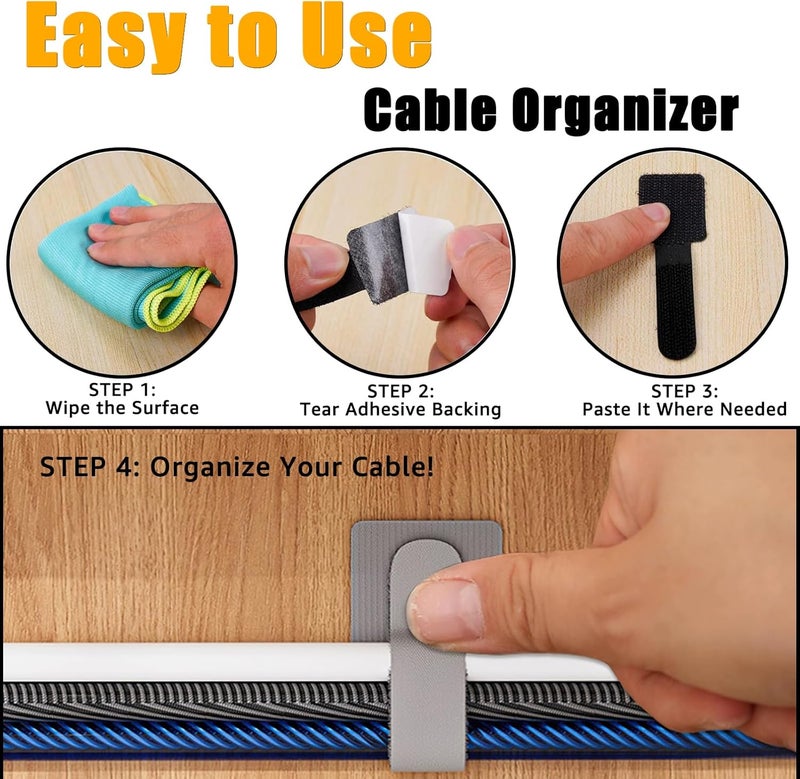 Sereficy 80PCS Hook and Loop Cable Straps, Cable Management Under Desk, Adhesive Cable Tie, Reusable Wire Organizer for Cords, Cord Management, Computer Accessories for Desk, Home Office Essentials, White+Gray - Image 3