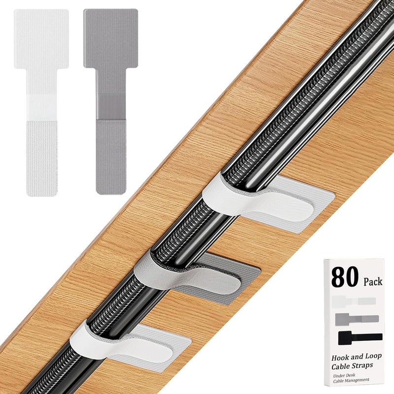 Sereficy 80PCS Hook and Loop Cable Straps, Cable Management Under Desk, Adhesive Cable Tie, Reusable Wire Organizer for Cords, Cord Management, Computer Accessories for Desk, Home Office Essentials, White+Gray - Image 1