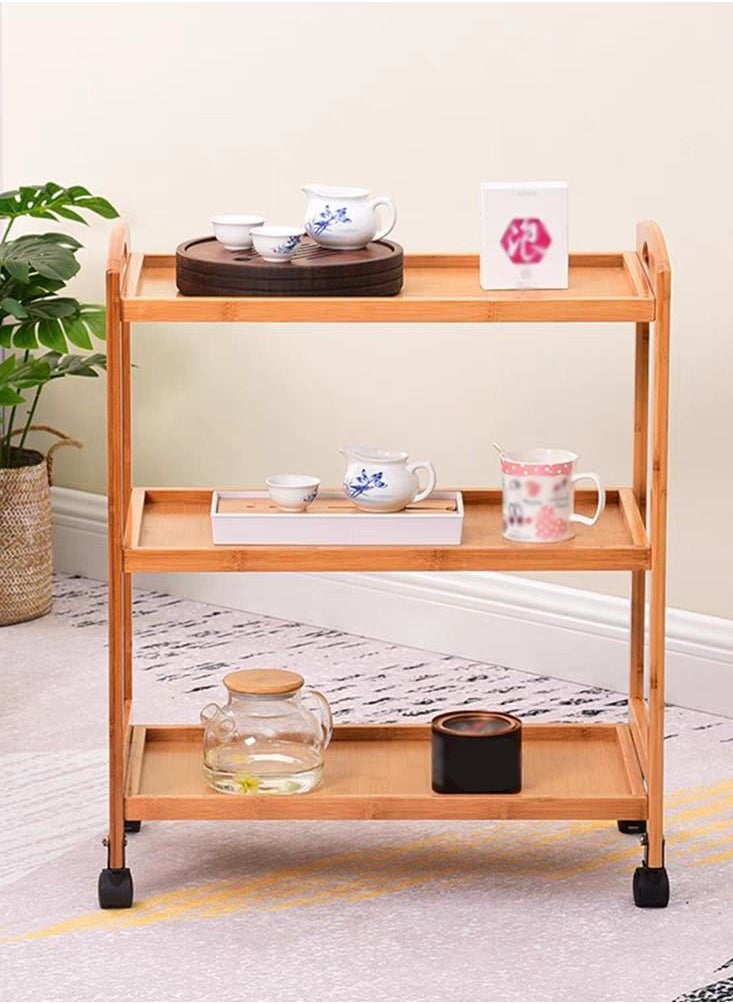 LINGWEI - LINGWEI Bamboo Wooden Serving Trolley 3 Tier Kitchen Storage Rack Island Cart with Rotating Wheels Coffee Table - Image 1