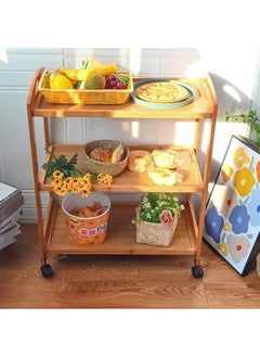 LINGWEI Bamboo Wooden Serving Trolley 3 Tier Kitchen Storage Rack Island Cart with Rotating Wheels Coffee Table