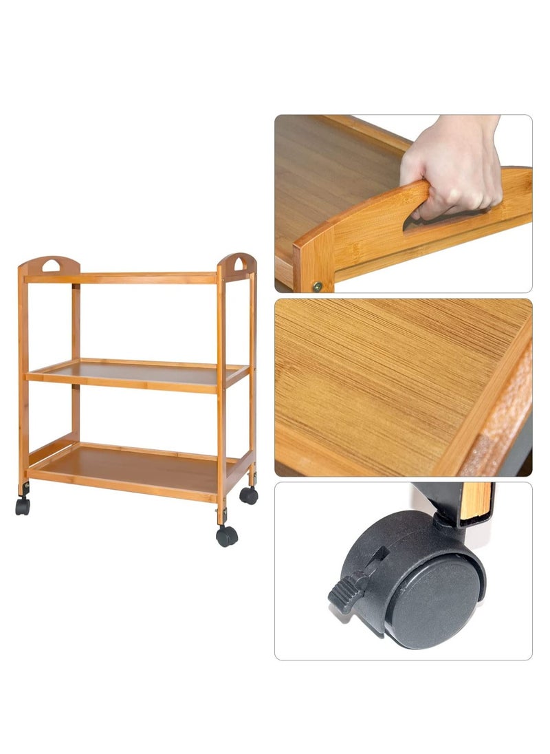 LINGWEI - LINGWEI Bamboo Wooden Serving Trolley 3 Tier Kitchen Storage Rack Island Cart with Rotating Wheels Coffee Table - Image 1
