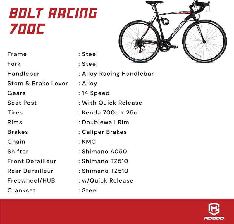 Mogoo Bolt 700C Road Bike, 14 Speed Shimano Drivetrain, Lightweight Steel Frame Adult Racing Bicycle, Kenda Tires, Caliper Brakes, Cycle For Men Women, Bicycle-Men Adult - Image 4