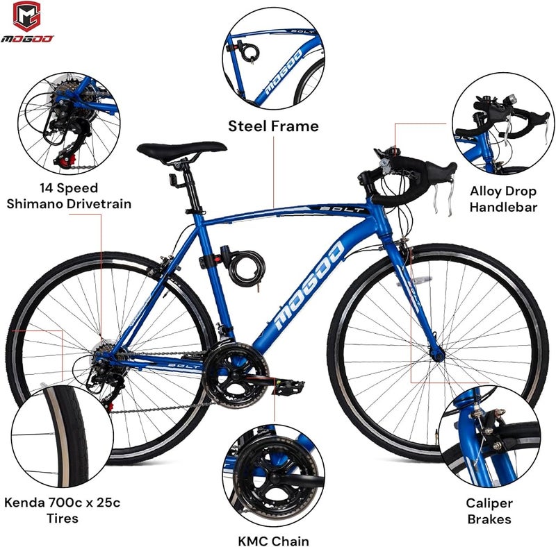 Mogoo Bolt 700C Road Bike, 14 Speed Shimano Drivetrain, Lightweight Steel Frame Adult Racing Bicycle, Kenda Tires, Caliper Brakes, Cycle For Men Women, Bicycle-Men Adult - Image 3