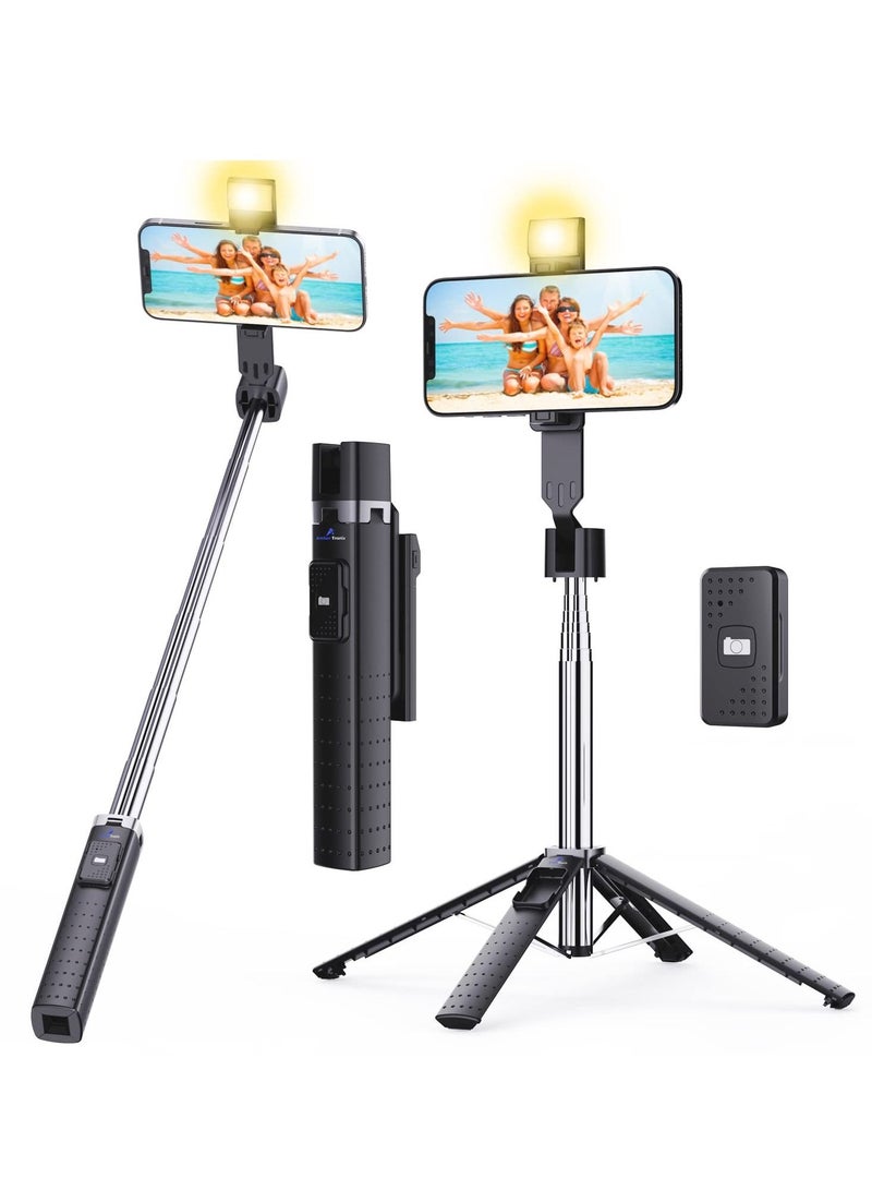 KASTWAVE Selfie Stick, with Fill Light Phone Clip Tripod Quadrupod Wireless Bluetooth Remote Control Selfie Stick, Stainless Steel Expandable Compatible with All Mobile Phones black  - Image 1