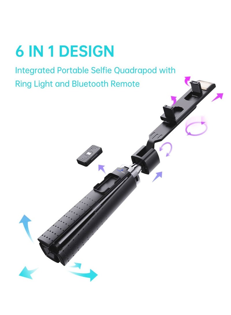 KASTWAVE Selfie Stick, with Fill Light Phone Clip Tripod Quadrupod Wireless Bluetooth Remote Control Selfie Stick, Stainless Steel Expandable Compatible with All Mobile Phones black  - Image 5