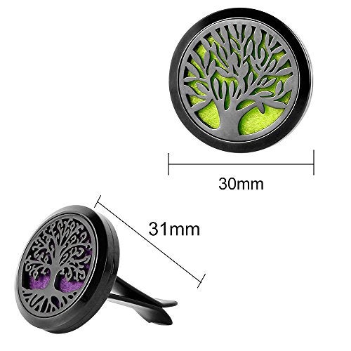 RoyAroma 2PCS Tree of Life Car Diffuser Aromatherapy Essential Oil Black Stainless Steel Locket with Vent Clip 12 Felt Pads - Image 2