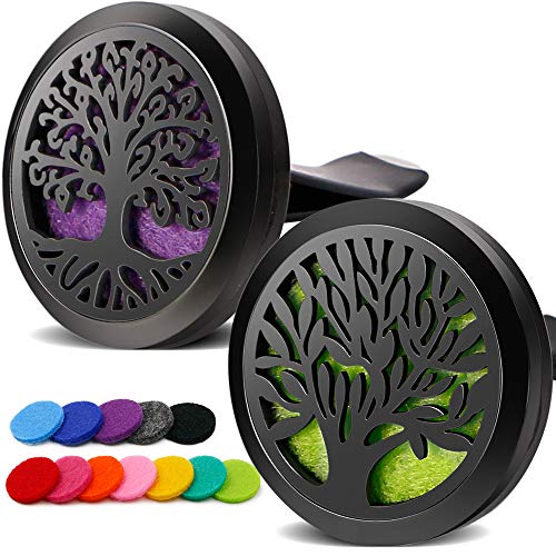 RoyAroma 2PCS Tree of Life Car Diffuser Aromatherapy Essential Oil Black Stainless Steel Locket with Vent Clip 12 Felt Pads - Image 1