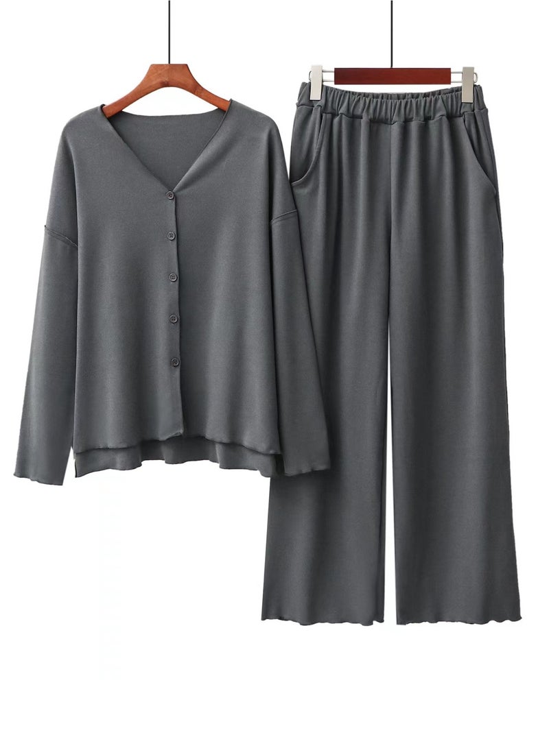 Loquat Women's Solid Color 2-Piece Set Loose Nightgown Sleepwear Long Sleeve V-Neck Top And Pants Soft Loungewear Wear Warm Pajamas Suit Iron Grey 