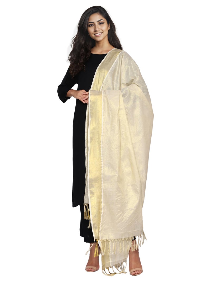 Fashily Tissue Women's Kerala Kasavu Off White Dupatta Length 2.2M | Width 46 Inches (Gold Kasavu) - Image 1