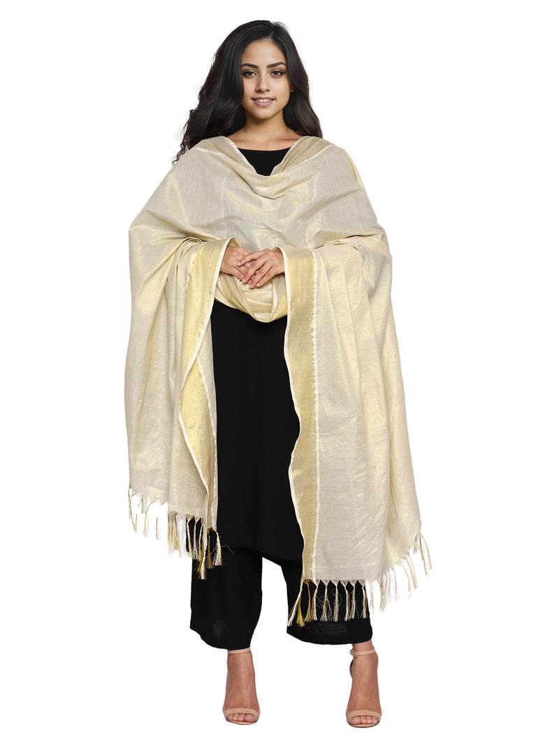 Fashily Tissue Women's Kerala Kasavu Off White Dupatta Length 2.2M | Width 46 Inches (Gold Kasavu) - Image 3